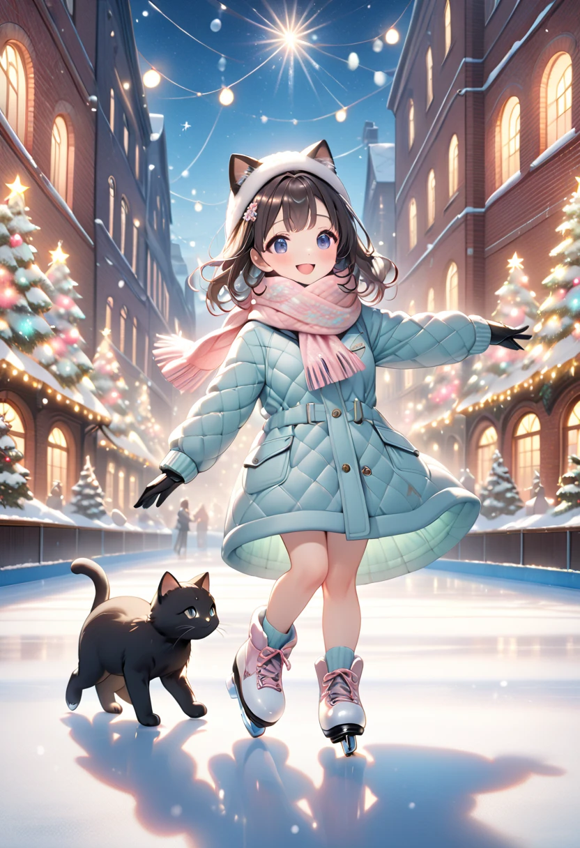 (masterpiece, ultra-detailed, best quality, clear focus, dramatic scene, cinematic), shadow, (ultra-high resolution, 8k), perfect anatomy, perfect face, (detailed face, detailed eye, chibi), cute Japanese chibi girl, famous Japanese chibi idol, very beautiful and cute and cool face, (wearing a pastel colored stylish winter outfit with long coat, woolen scarf and glove:1.2), (large breasts), (She is Figure skating at an outdoor skating rink in the red brick warehouse district:1.3), the warehouses are festively decorated with Christmas illuminations, she looks so happy, happy smile, there are festively decorated Christmas trees, She demonstrates graceful ice skating technique, (she is showing a Beautiful figure skating moves:1.2), (she is holding a very cute giant black cat:1.3), the cat with scarf is mewing and purring