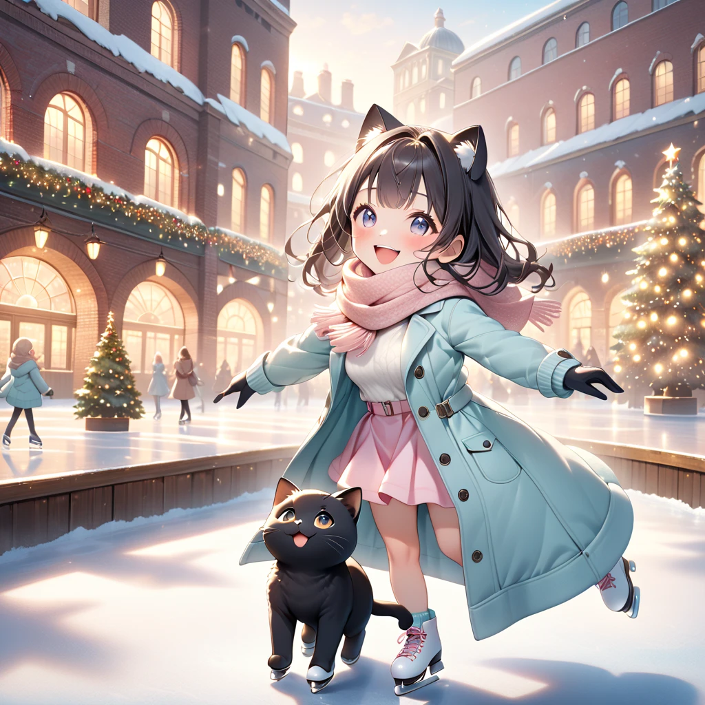 (masterpiece, ultra-detailed, best quality, clear focus, dramatic scene, cinematic), shadow, (ultra-high resolution, 8k), perfect anatomy, perfect face, (detailed face, detailed eye, chibi), cute Japanese chibi girl, famous Japanese chibi idol, very beautiful and cute and cool face, (wearing a pastel colored stylish winter outfit with long coat, woolen scarf and glove:1.2), (large breasts), (She is Figure skating at an outdoor skating rink in the red brick warehouse district:1.3), the warehouses are festively decorated with Christmas illuminations, she looks so happy, happy smile, there are festively decorated Christmas trees, She demonstrates graceful ice skating technique, (she is showing a Beautiful figure skating moves:1.2), (she is holding a very cute giant black cat:1.3), the cat with scarf is mewing and purring