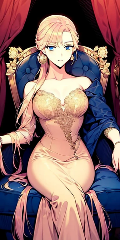 Woman in aristocratic noble dress, Blonde hair tied back, dark blue eyes, wearing gold earrings, sitting pose in a luxurious chair, luxurious room background 