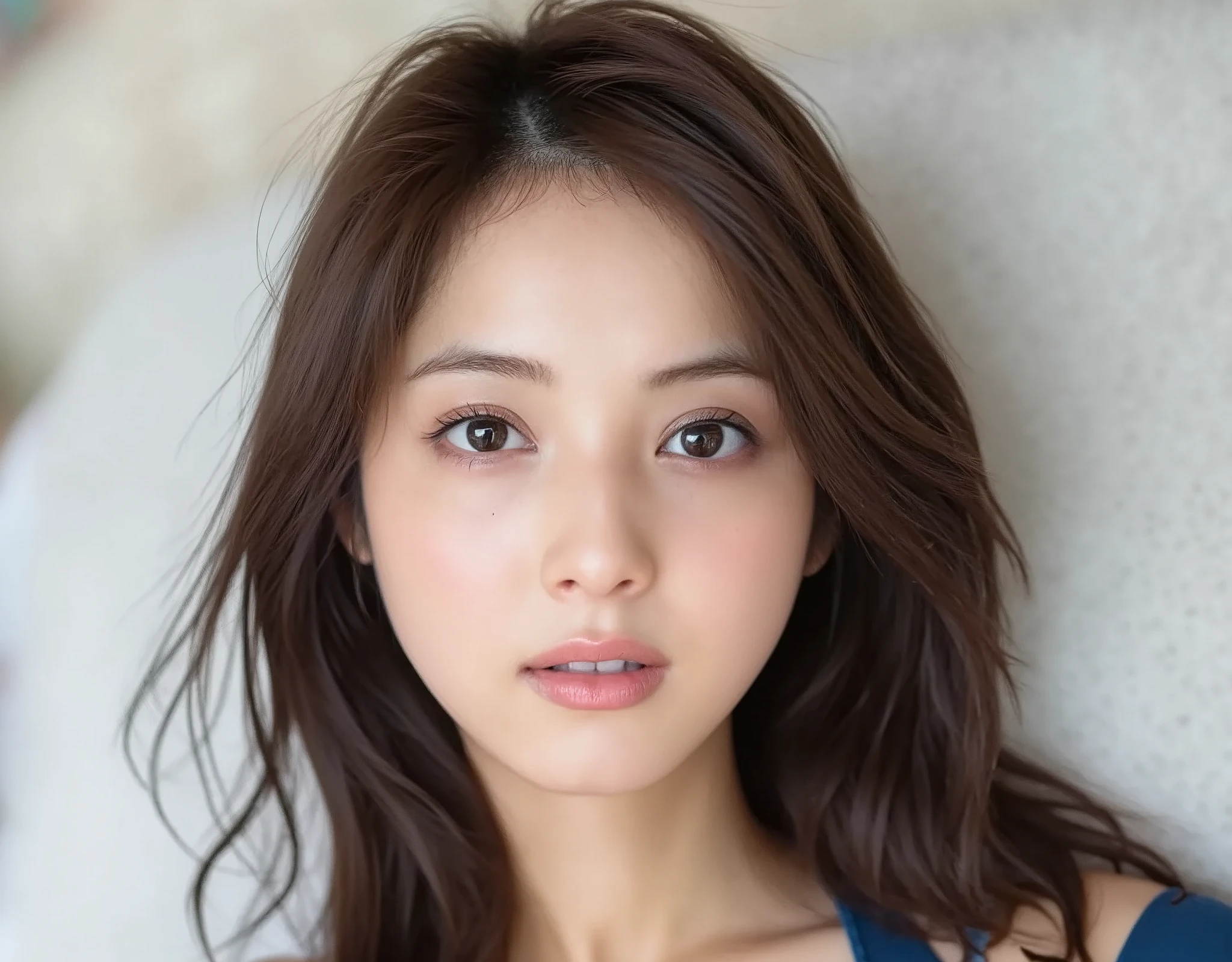 NSFW, (Highest quality), (Ultra-precise CG 16K wallpaper), (Realistic: 1.6), (High saturation), (Sharp), Beautiful detailed shading, Beautiful natural lighting, Beautiful detailed glow, Perfect anatomy, Composition in which the person fills the screen, Bright sunlight in the daytime, Natural light, Depth of field, (Mature 24 year old woman: 1.6), (Very beautiful Japanese face), (Sasaki Nozomi), (Soft wavy medium hair: 1.6), (Shiny black hair), (Sparkling eyes), (C cup size breasts, cleavage, slim thighs: 1.6), (Beautiful breasts), (Beautiful legs), (Beautiful skin), Beautiful proportions, (Half-open mouth, surprised face: 1.5), (looking at me: 1.6), (Navy blue bikini lingerie front hook bra clothing: 1.6), (Selfie pose: 1.6), (Bedroom, bed), (Full screen image:1.8), (upper body shot:1.6), (overhead image:1.8), (woman lying on her back on bed:1.8)