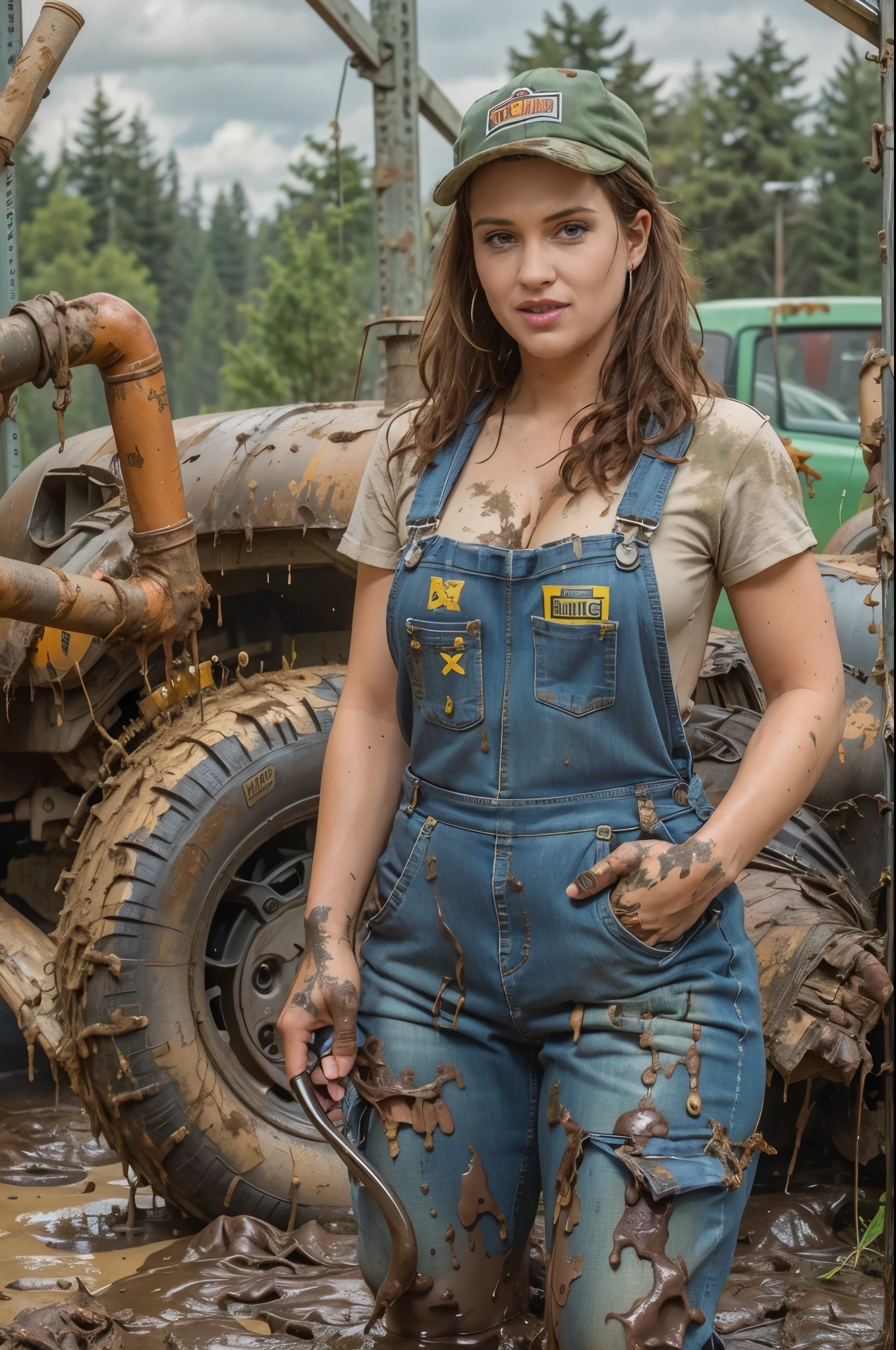 Female mechanic at work, grimy overalls, greasy, muddy, holding a wrench, bent over, open overalls, curvy, cute smile, masterpiece, vivid, photorealistic, bare skin, muddy outdoors