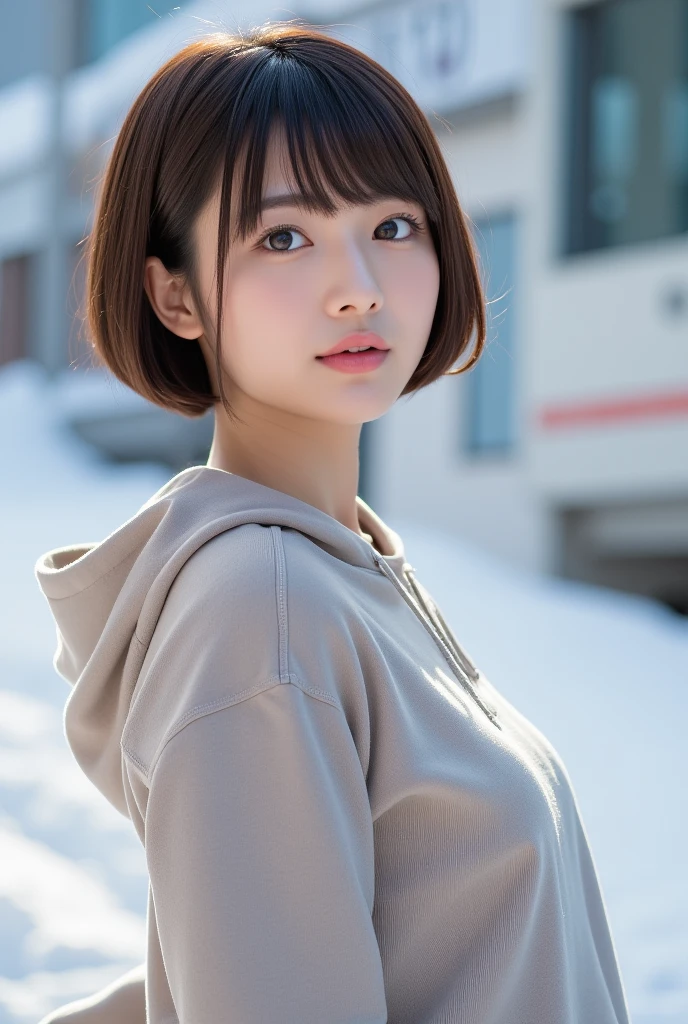 top quality 8k, high resolution, professional photographic, ultra detailed, 15mm film, portrait, (19 year old, beautiful Japanese female nearby, REIKA standing legs parted:1.3), beautiful very short bob cut:1.4, beautiful nape, (big hip best proportion:1.5), arms behind back, ( x'mas-skirt, x'mas hooded sweatshirt, "Japanese businessman":1.4), (thick thigh smooth thigh radiant thigh focus), ((too very blushing tareme)), (ultra detailed good depth fied, on Footprints in Snow:1.5), (from above close up face:1.3),  