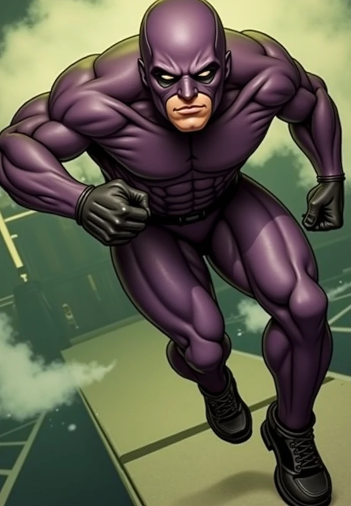 a male hero with a purple costume standing with hands on hips inside a dirty abandoned warehouse