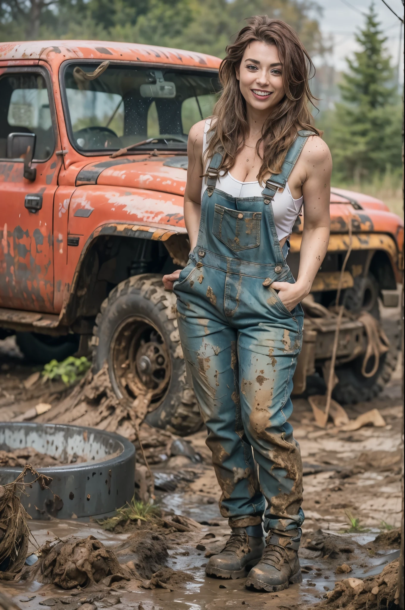 Female mechanic at work, grimy overalls, greasy, muddy, holding a wrench, bent over, open overalls, curvy, cute smile, masterpiece, vivid, photorealistic, bare skin, muddy outdoors