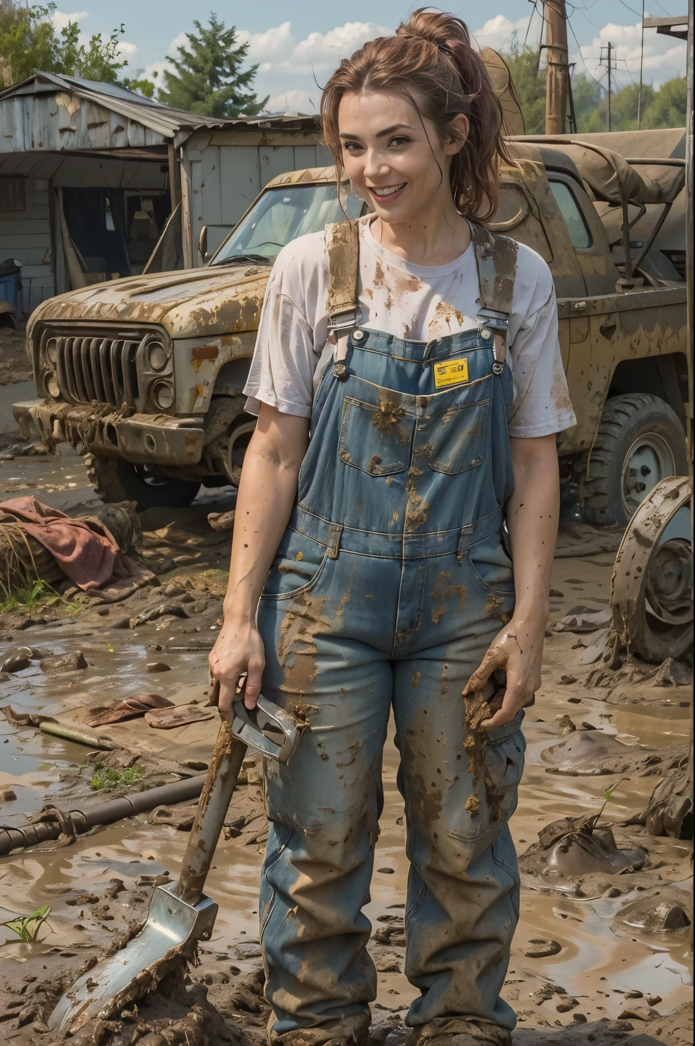 Female mechanic at work, grimy overalls, greasy, muddy, holding a wrench, bent over, open overalls, curvy, cute smile, masterpiece, vivid, photorealistic, bare skin, muddy outdoors