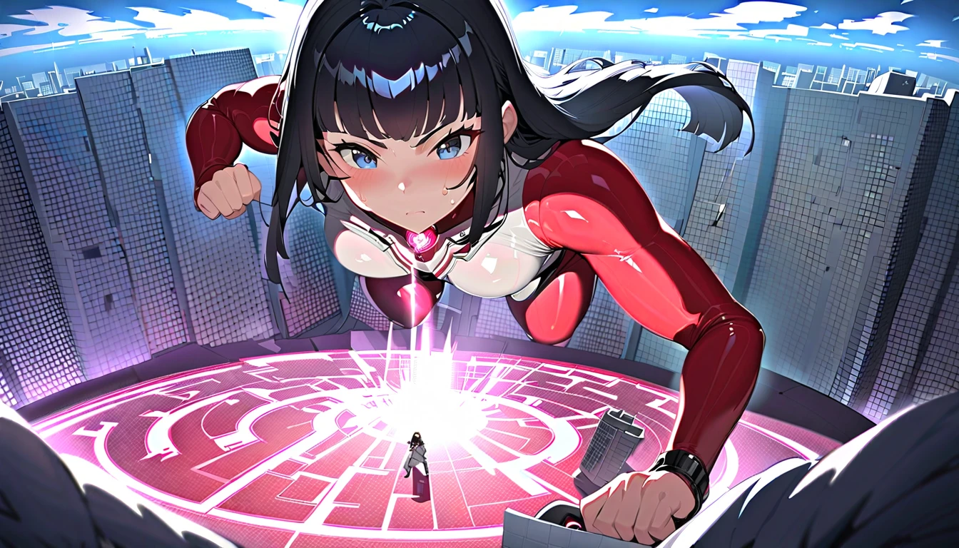 girl masterpiece, best quality, high resolution, best detailed, ultra girl, giantess, black hair, straight hair, shiny hair, bodysuit, red and silver bodysuit, red gem on chest, full body, fighting stance, making fists, a lot sweat, many tentacles,  breezing white breath, detailed background, cityscape, buildings, beam effects  from tentacles,