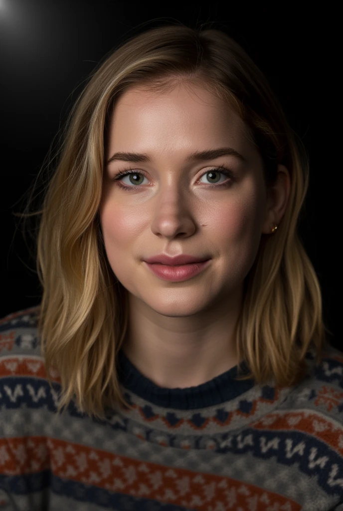  A close-up portrait photo of a woman with medium-length hair looking directly at the camera with a neutral expression.  She wears a multicolored knitted sweater on a dark background . Reflective Lighting . ,