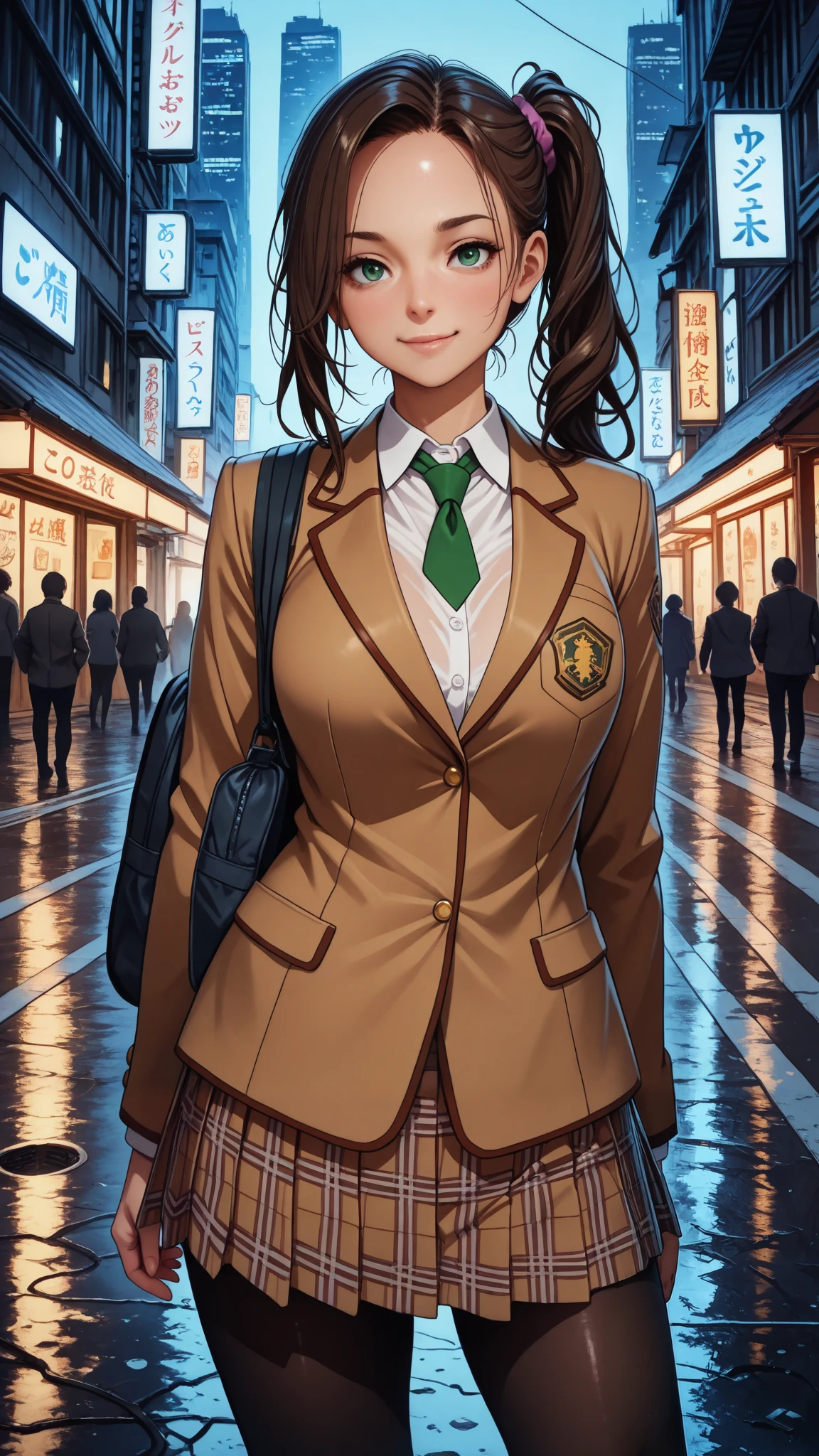 nsfw, masterpiece, best quality,amazing quality, realistic detailed CG, ultra-detailed,Sharp Focus, high contrast, 1girl, detailed green eyes, slightly smile, detailed semi-long hair, dark brown silky hair,  forehead, sliced back hair, side ponytail, contrapposto, Captivating thighs, uniform, brown blazers, (hads in pocket, unbutton), Green tie, Plaid Pleated Skirt, black tights, rainy cyber city, at night