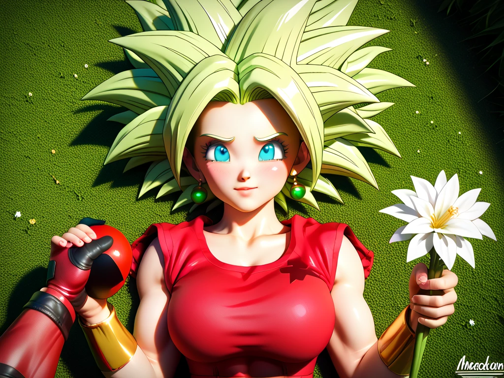 ((Black line work  )),   detailed line work  ,  Slim abs , ((  masterpiece  )), (( Golden Ratio )), ((dynamic)), ((natural)) ((  best quality )), (( ultra detailed )), ((  kefla dragon ball super  )), {1 woman}, { neon green hair }, { super saiyan style}, {  Dragon Ball Super character style }, Blue eyes, 2 green earrings, {{sexy}},  big breasts  ,, Brilliant tattoo , {{ perfect anatomy }}, {{scenography: destroyed city}}, {}, mute ,   viewed from the bottom up , perfect:1.2, (deadpool in  red hood :1.3),  holding a bunch of flowers, shy, red skirt,  red hood , cute bedroom , (flores),  masterpiece ,  Detailed , hires,  cinematic angle