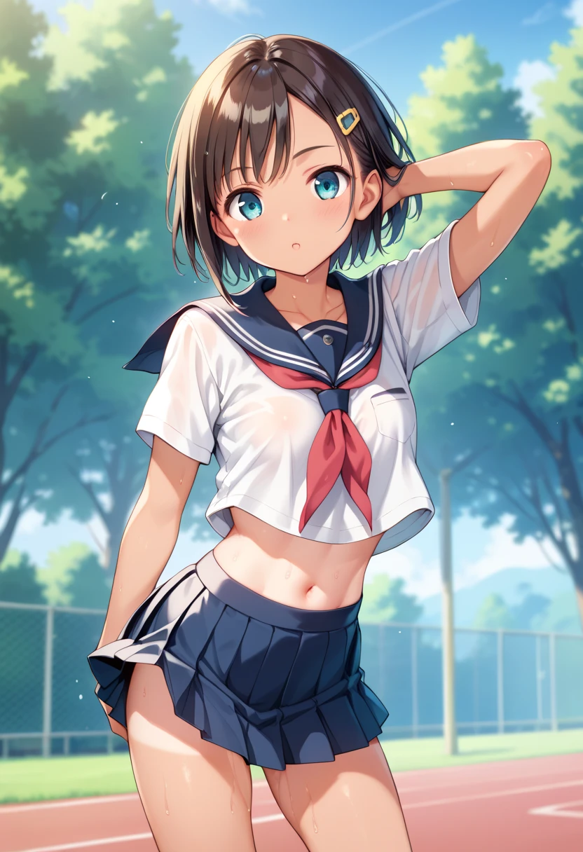 14 years old、美girl、beautiful woman、cute、brown skin、low length、Ecup、muscular、biceps、abs、Hamstring、Short-sleeved shirt、bluish black skirt、short skirt、silver long bob、length to shoulder、school playground、blue sky、beautiful sun、are having fun、face is young、girl、beautiful breasts、smile、Innocent、Because it's small、delicate、slender big breastuscular、thick thighs、abs