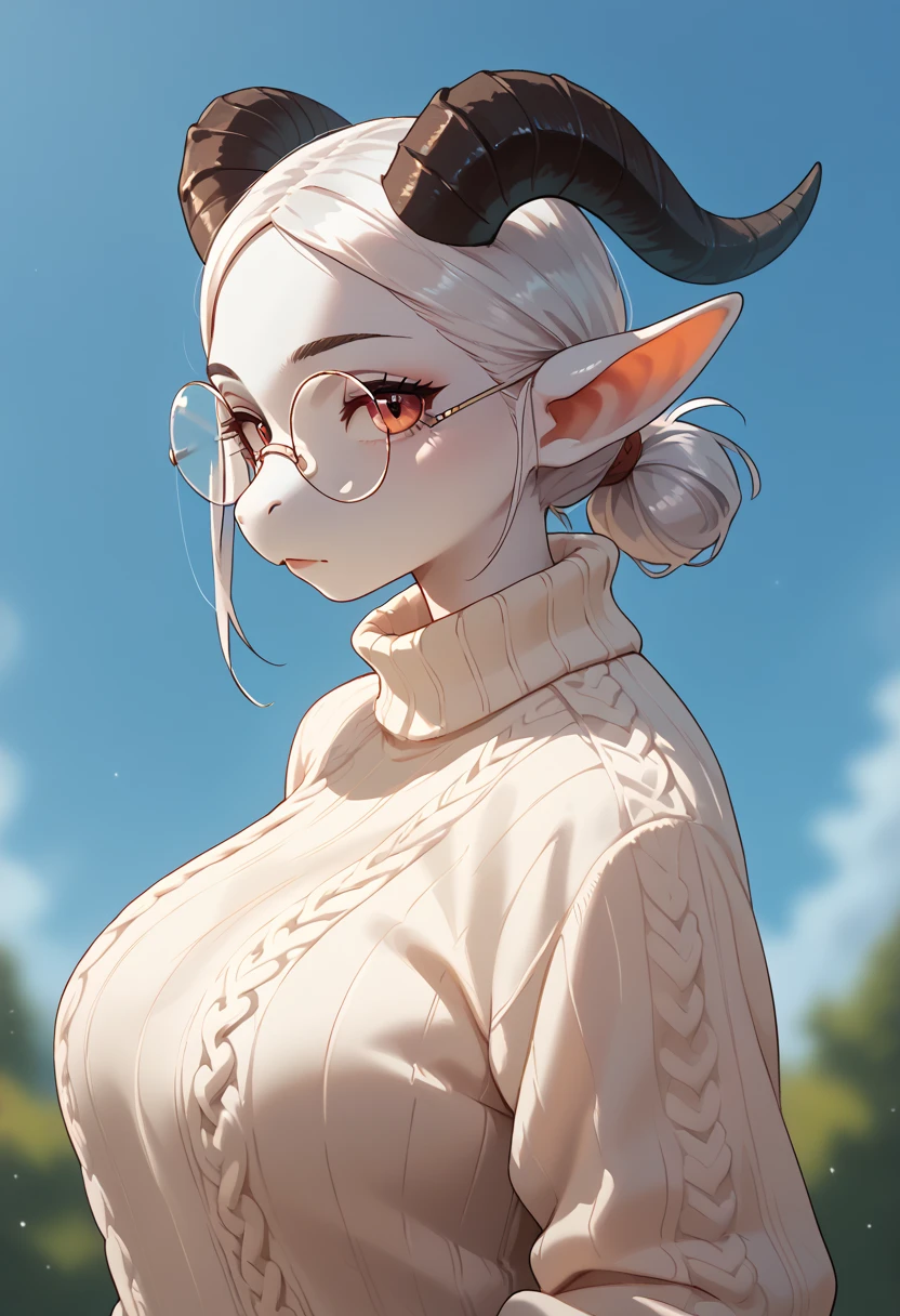 score_9, score_8_up, score_7_up, mis'alia, 1girl, solo, furry female, dragon girl, horns, snout, white skin, glasses, sweater, breasts, portrait, from side, looking at viewer, pince-nez, round eyewear, depth of field,