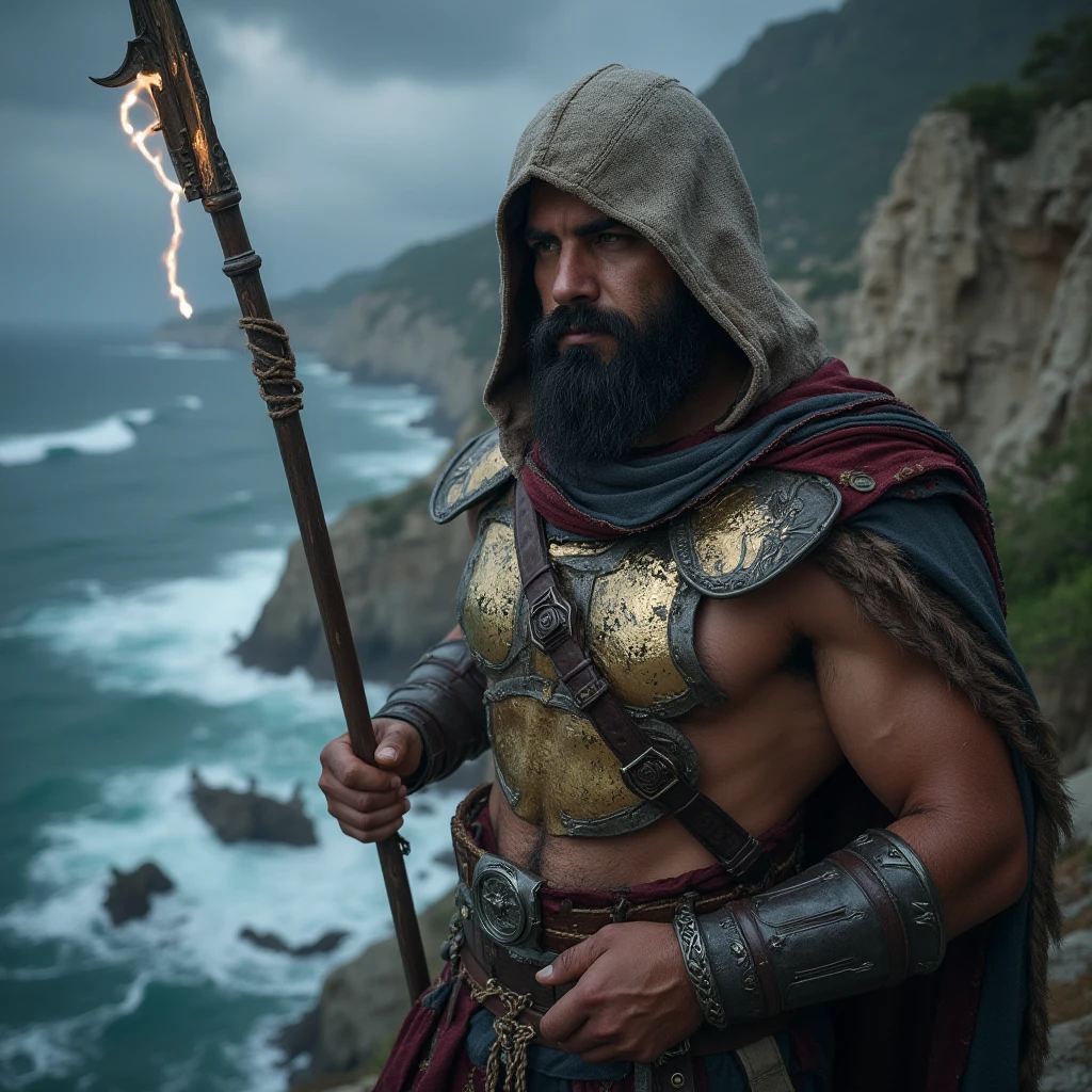 A ruggedly masculine 38-year-old man, depicted in ultra-realistic detail, wearing a modernized Assassin’s Creed Odyssey-inspired outfit. His textured face shows resolve and intensity, framed by a Spartan-style helmet pushed back onto his hooded cape. He stands on a rocky cliff overlooking a raging sea, with lightning illuminating the wreckage of ships below. His bronze chest plate is scratched and dented, bearing the marks of battle. In one hand, he holds a glowing spear reminiscent of Leonidas’s, while his hidden blade glimmers ominously on the other. The backdrop of crashing waves and dark storm clouds enhances the sense of epic peril.

