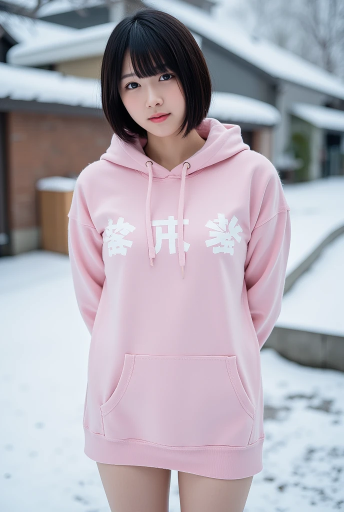 top quality 8k, high resolution, professional photographic, ultra detailed, 15mm film, portrait, (19 year old, beautiful Japanese female nearby, REIKA standing legs parted:1.3), beautiful very short bob cut:1.4, beautiful nape, (big hip best proportion:1.5), arms behind back, ( x'mas-skirt, x'mas pink hooded sweatshirt, "Japanese businessman":1.4), (thick thigh smooth thigh radiant thigh focus), ((too very blushing tareme)), (ultra detailed good depth fied, in Snow:1.5), (from above close up face:1.3),  