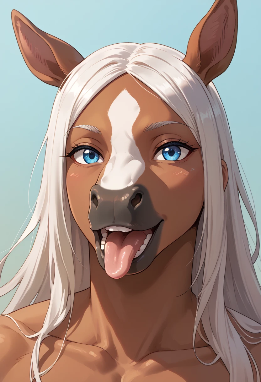 score_9, score_8_up, score_7_up, by rov, horse, equid, equine, solo, tongue, 1boy, male focus, animal ears, white hair, tongue out, furry, blue eyes, jewelry, ring, gradient background, colored skin, gradient, horse ears, v, open mouth, upper body, teeth, artist name, long hair