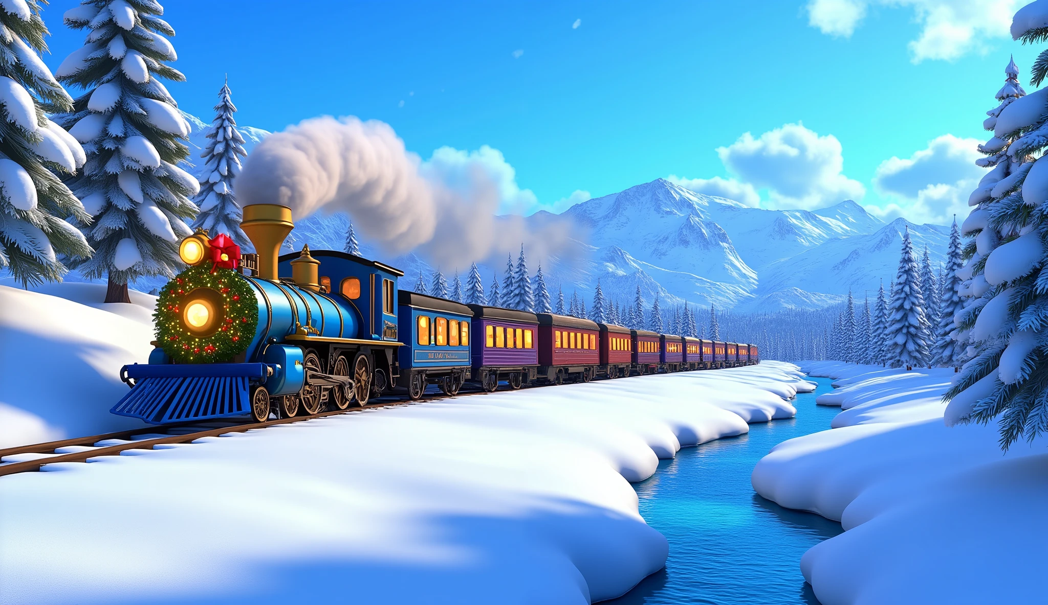 A wide Pixar-style cartoon shot of a blue Christmas train running through a vast, snow-covered valley surrounded by distant snowy hills. The train’s sleek blue wagons glisten under the soft sunlight, decorated with glowing garlands, red bows, and twinkling fairy lights.  

The frosted pine trees lining the valley stand tall and motionless, while the falling snowflakes add a peaceful, magical ambiance. The train’s golden-lit windows glow warmly, and its steady trail of white smoke rises against the serene blue sky. A single frozen river snakes through the valley, reflecting the soft, icy light.  