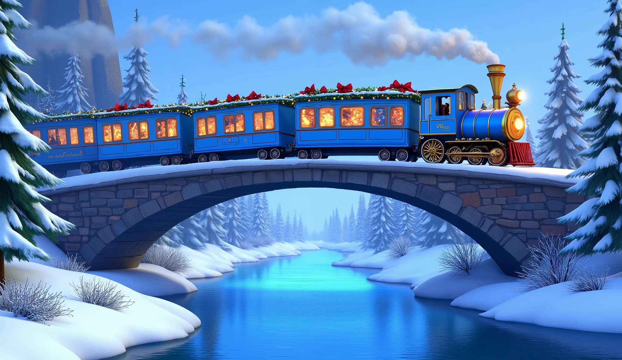 A wide Pixar-style cartoon shot of a fully blue Christmas train crossing a tall, snow-dusted bridge over a frozen river. Each wagon, painted a consistent vibrant blue, is covered with glowing garlands, twinkling fairy lights, and festive red bows.  

Below, the frozen river reflects the frosty blue of the wagons, creating a magical winter symmetry. Snow-covered pine trees and softly falling snowflakes frame the bridge, while the glowing frosted windows of the train add warmth to the icy scene.  