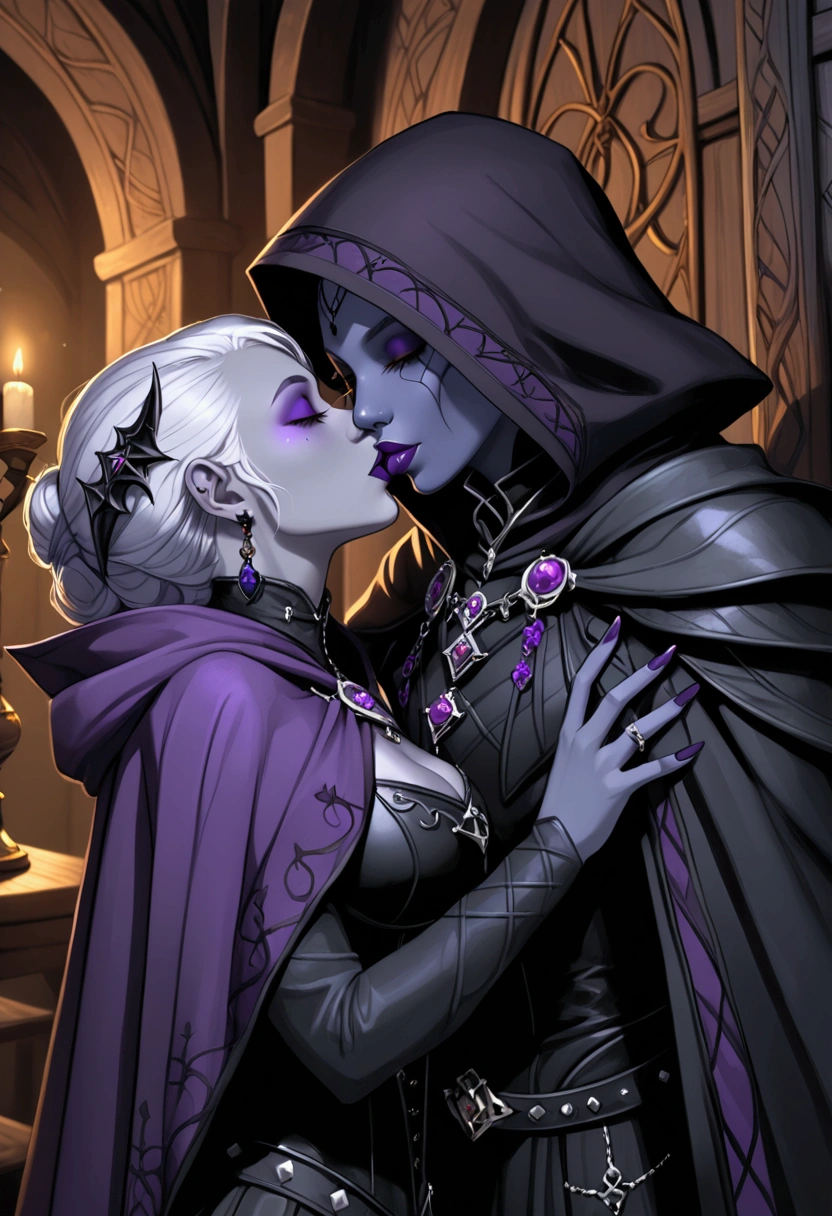 2 drow lady (grey skin) in small purple cloak in a goth darm room , kissing