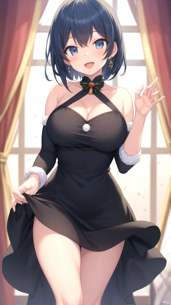 masterpiece, best quality, high quality, girl, solo, looking at viewer, touya_mochizuki, black hair, blue hair, large breasts, merry christmas Dress, standing, smile, open mouth,