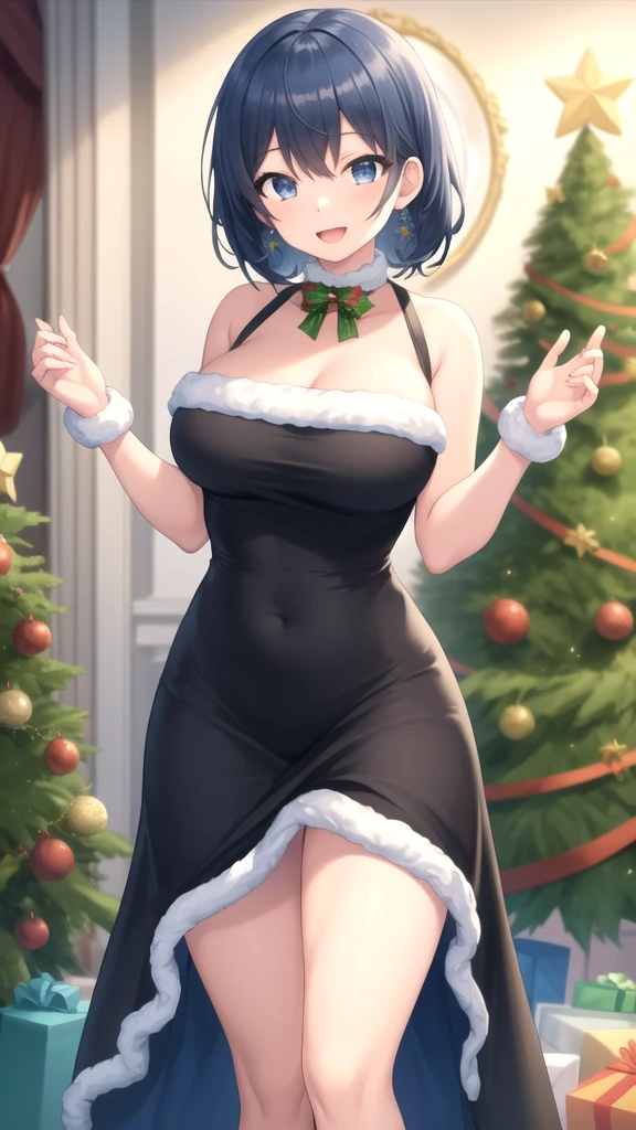 masterpiece, best quality, high quality, girl, solo, looking at viewer, touya_mochizuki, black hair, blue hair, large breasts, merry christmas Dress, standing, smile, open mouth,