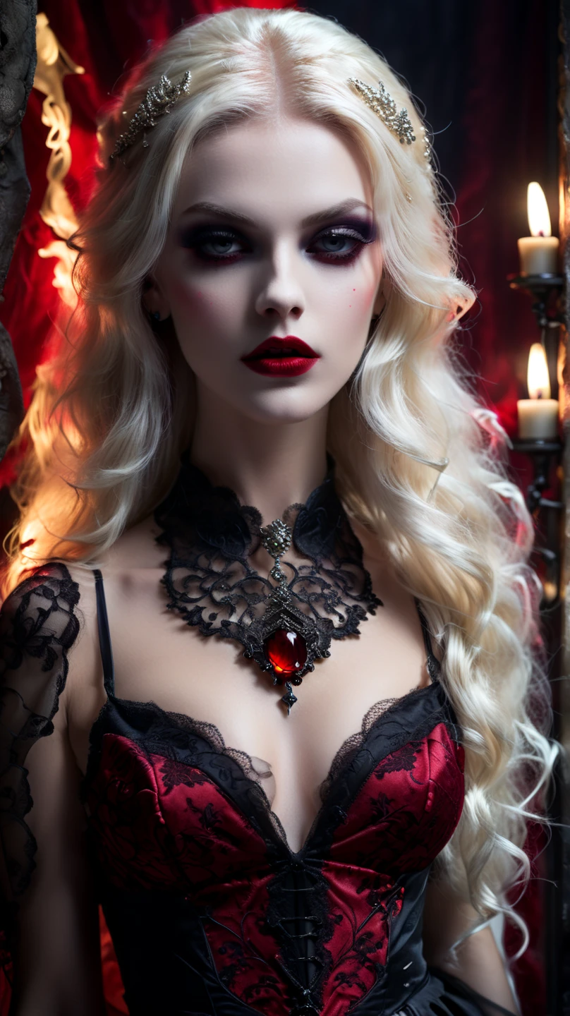 1 Vampires, (Female:0.8), poison fangs, Blood, Neck bites, extreme pale skin, intense eyes, Seductive expression, (Blood dripping:1.2), (Erotic atmosphere:1.3), White hair, Long flowing hair, (Black lace dress:1.2), (cropped shoulders:0.9), (Red corset:1.1), (Torn clothing:0.8), (Seductive pose:1.2), (Moaning:1.4), (Moonlight:1.3), (gothic environment:1.2), (haunting background:1.1), (lifting one leg:1.2), (Glossy lips:0.9), (Whisper sweetly:1.2), (sensual lighting:1.3), (Long nails:1.1), (Heavy atmosphere:1.2), (A lingering touch:1.3), (Erotic tension:1.4).