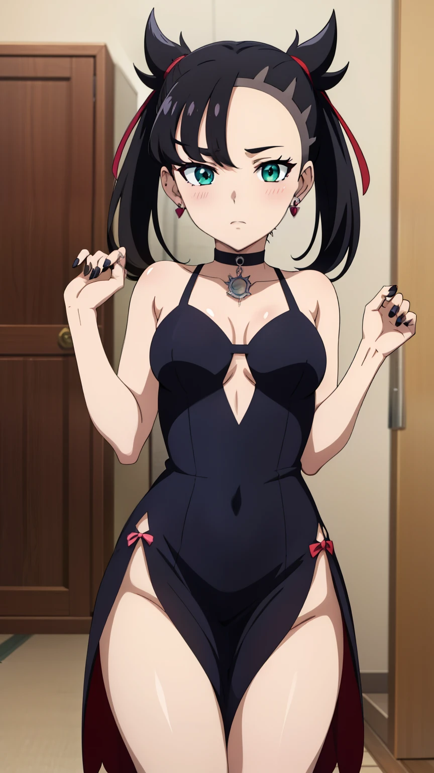 Marnie Pokemon, Marnie \(Pokemon\), blue-green eyes, green eyes, black hair, medium hair, asymmetrical bangs, black choker, red hair ribbon, earrings, black nail polish, medium breasted, (masterpiece, highest quality, highly detailed, 8k:1.2),Perfect eyes, detailed eyes, 
Ecchi anime style, anime girl, Ecchi style, digital anime art, anime style, official artwork, visual novel CG, beautiful anime girl, anime style 4K, (Earrings, gorgeous dress, thighs),