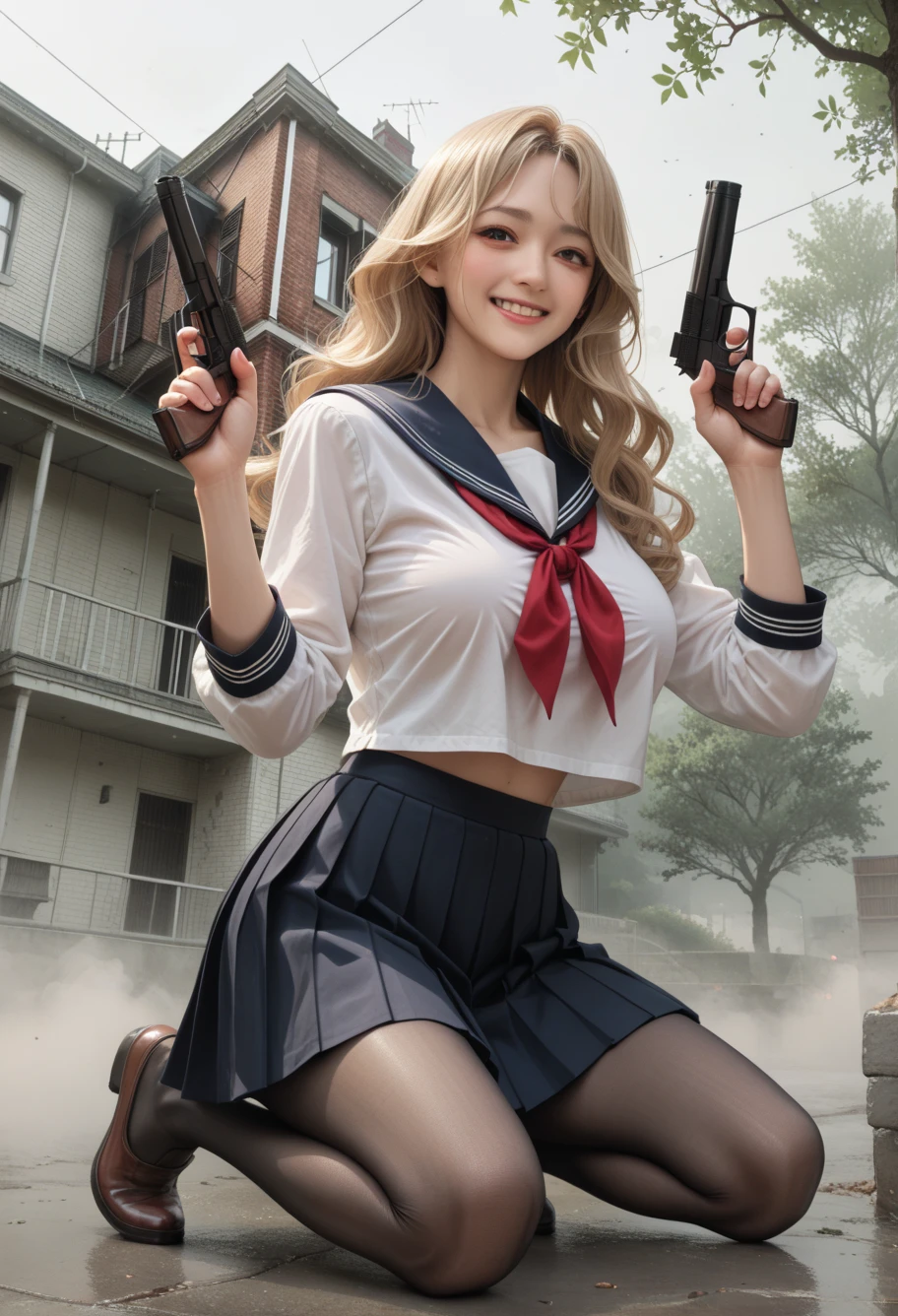 ,ruanyi1099,house,fog,outdoors,one knee,kneeling,dual wielding,handgun,sailor,pleated skirt,black pantyhose,white shirt,red bow,score_9, score_8_up, score_7_up, score_6_up, score_9, score_8_up, score_7_up, score_6_up source_anime, blush, horny, 1girl, seduce smile, perfect body , natural huge breasts , source _anime,, blonde hair,long hair,wavy hair,