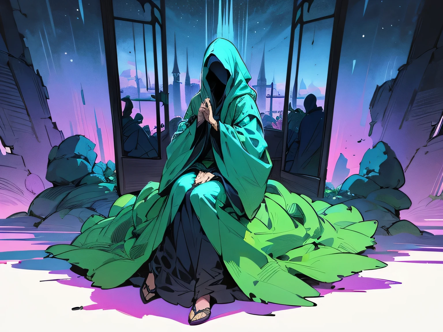 Alone,(Nazgul),purple geometric design robe,sitting on a rock、Plants、 Fantastic Scenery 、Door to another world、Aurora Revolution,(manga style),(sketch),(illustration),