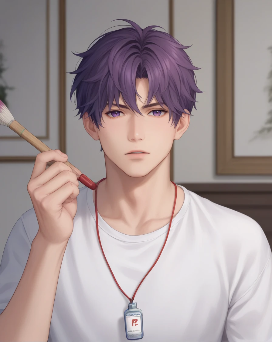 score 9, score 8, score 7, safe score, realism, 1 man, solo, mature man, male focus, rafael lnds, purple hair, purple eyes, short hair, hair between the eyes, bangs, waist-high art, pink whistle, looks at the viewer, face to the viewer, confused man, red cheeks, best quality, dynamic pose, on the background of a painting studio, on the cheek of a man there is a trace of a paint brush