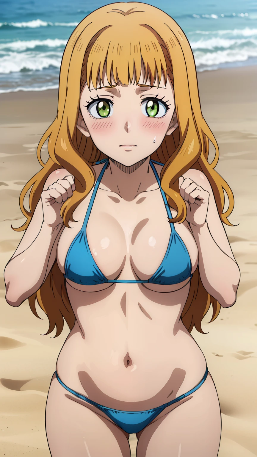 (masterpiece, best quality, high resolution, 8k:1.2), (anime coloring), confused, detailed face, beautiful face, (beautiful eyes, deep eyes), one girl, ((dynamic pose)), mimosa, green eyes, orange hair, long hair, alone, looking at viewer, wavy hair, bangs, (medium breasts:1.0), (micro bikini, beach, blush), (sexy pose:1.3),(cowboy shot), 