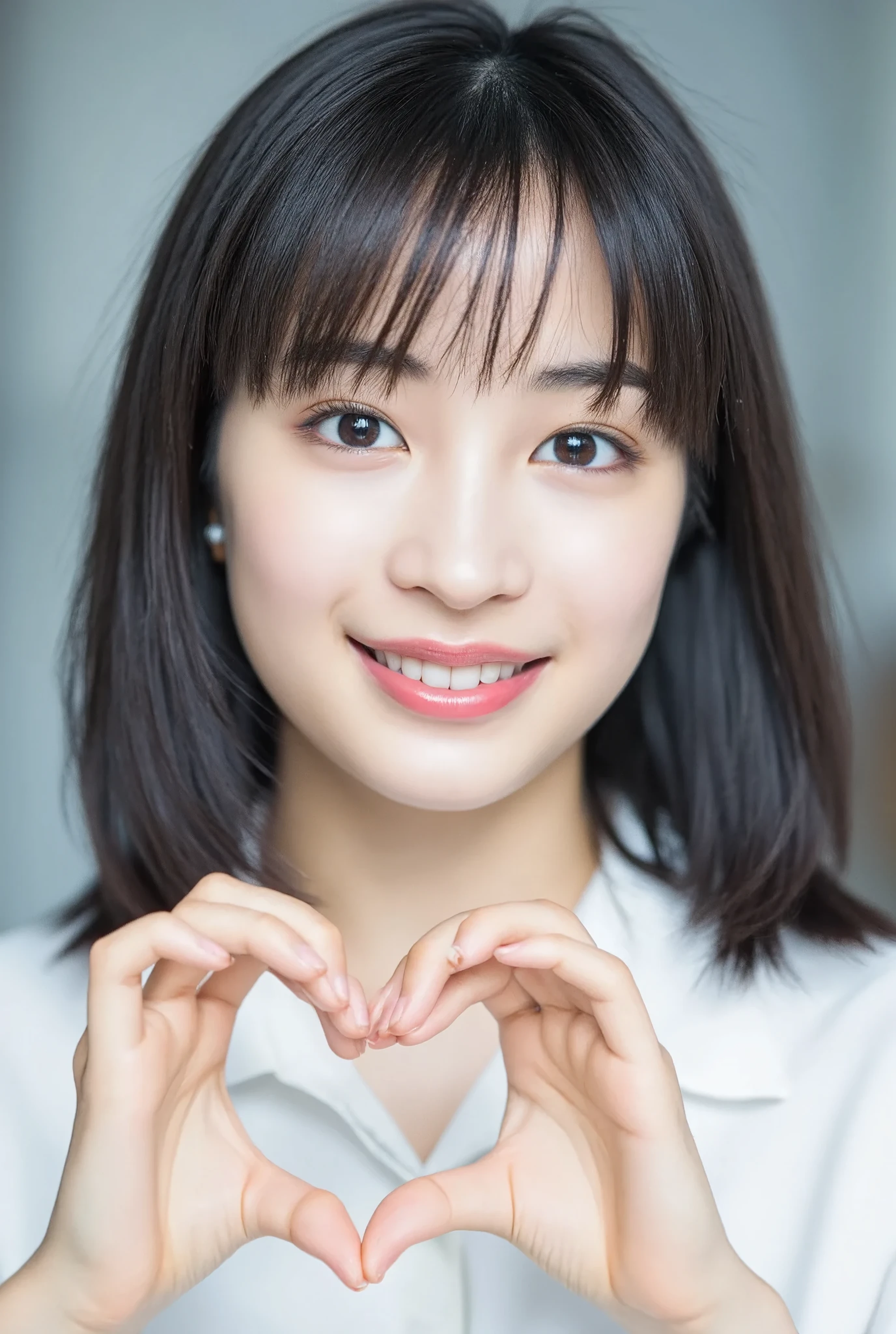 smile making a heart shape with hands:2.0、 (Ultra-precise human anatomy , top quality、 RAW photo、8k、32K、masterpiece、 realistic 、 Photorealistic:1.37)、Cute Japanese women images、 tank top in front of urinal、)、 upper body、 1 girl、Photo Mapping、Physically based rendering、 high image quality、 high definition 、1080P、( beautiful face)、(Detailed description of the face)、( Detailed description of the hand setter'Muscle area)、( CG in detail)、 rich details 、( Stunning Features :1.35)、( detail eyes)、 looking forward to your eyes、Delicate clavicle、 various poses 、非常にリアルで詳細な若い女性の upper bodyポートレート。The skin is beautiful、 Soft light is reflected in the high part of the cheek .、 Tiny pores and hair follicles、 You can see even the thinnest blood vessels 。The skin is smooth、natural flushing of cheeks 、Healthy glow。 The eyes are large and clear blue、Her iris has fine patterning、 Light is reflecting and shining in the eye。 There is a slight shadow under her eye 、 Her eyelashes are long and naturally curled。 her lips are soft pink 、Smooth texture with a natural glow、 Slightly reflects light。 the woman wears a simple white top .、 background is pale black and white gradation .、焦点は完全に顔と upper bodyに当たっている。 realistic shadows and textures、 picture-like depiction.。