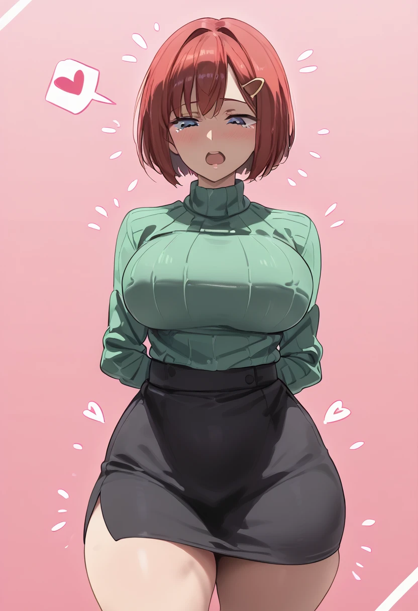 score_9, score_7_up,  1girl, 
huge breasts, wide hips, thick thighs, turtleneck sweater, crying, standing, green sweater, hair ornament, hair intakes, heart, skirt, looking down, ribbed sweater, open mouth, half-closed eyes, sweater tucked in, arms behind back, miniskirt, hairclip, turtleneck, spoken heart, pink background, blush, solo, breasts, purple eyes, red hair, sweater, cowboy shot, blue eyes, long sleeves, thighs, side slit, pencil skirt, black skirt, short hair, bob cut, artist name
 