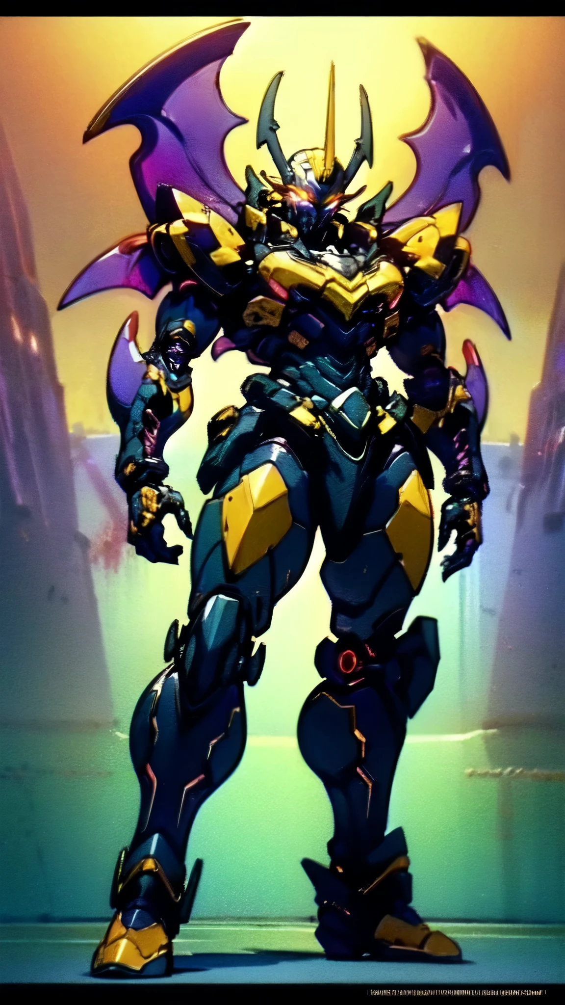 (masterpiece:1.5, best quality:1.5, extremely delicate:1.5), ((male:1.5)), a man wearing a full-face helmet, high-tech biomimetic armored combat suit, (a composite layered chest armor), the design balances heavy with agility, fully enclosed shoulder guards, matching arm and leg guards, a belt of gemstone, (the color scheme is primarily Yellow with Red and Purple accents, Organic Biotech, Concept Inspired by Vampire, glowing eyes, armor glows, huge cloak like devil wings, blood), stand of a futuristic sci-fi city, this character embodies a finely crafted fantasy-style armored hero in anime style, exquisite and mature art style, metallic, high definition, highres, ultra-detailed, ultra-fine painting, professional, perfect body proportions, golden ratio, anatomically correct, symmetrical face, extremely detailed eyes and face, high quality eyes, creativity, RAW photo, UHD, 32k, Natural light, cinematic lighting, (masterpiece-anatomy-perfect:1.2)