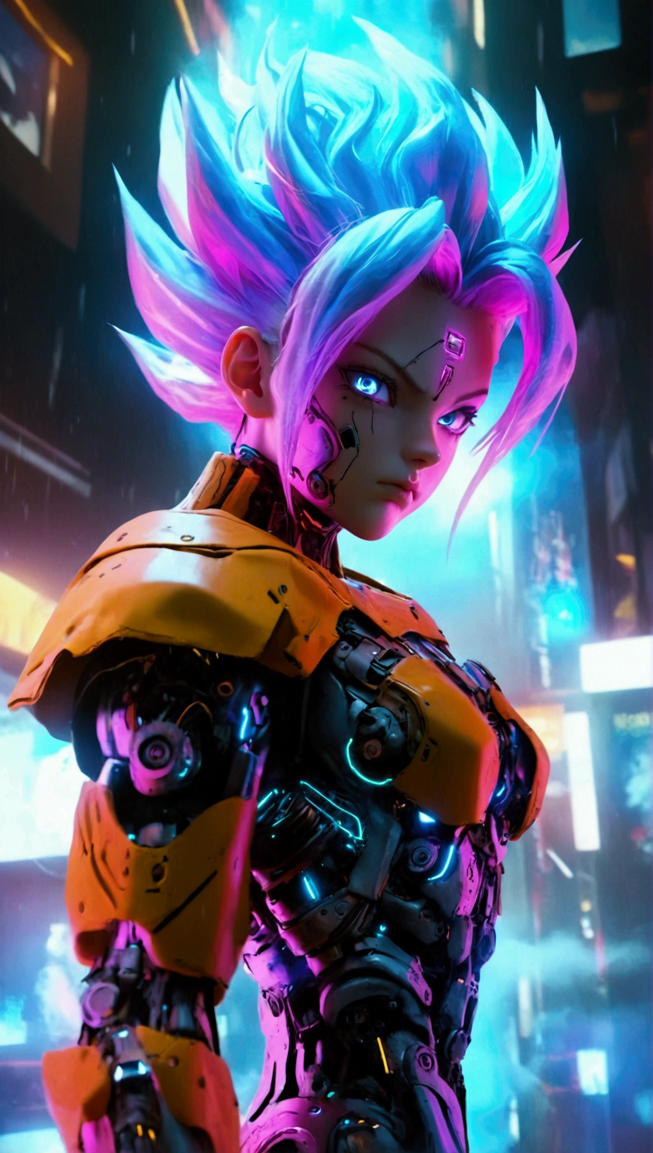 A super Saiyan cyborg,   highly detailed  ,  hyperrealistic poses,  cinematographic lighting , dramatic, brave,  melancholic nighttime , neon lights, aura of bright energy, intense expression,  mechanical parts ,  cyberpunk style, advanced technology,  futuristic , volumetric fog, Dynamic pose, 8k,  photorealistic , Unreal Engine, Concept of artistic style