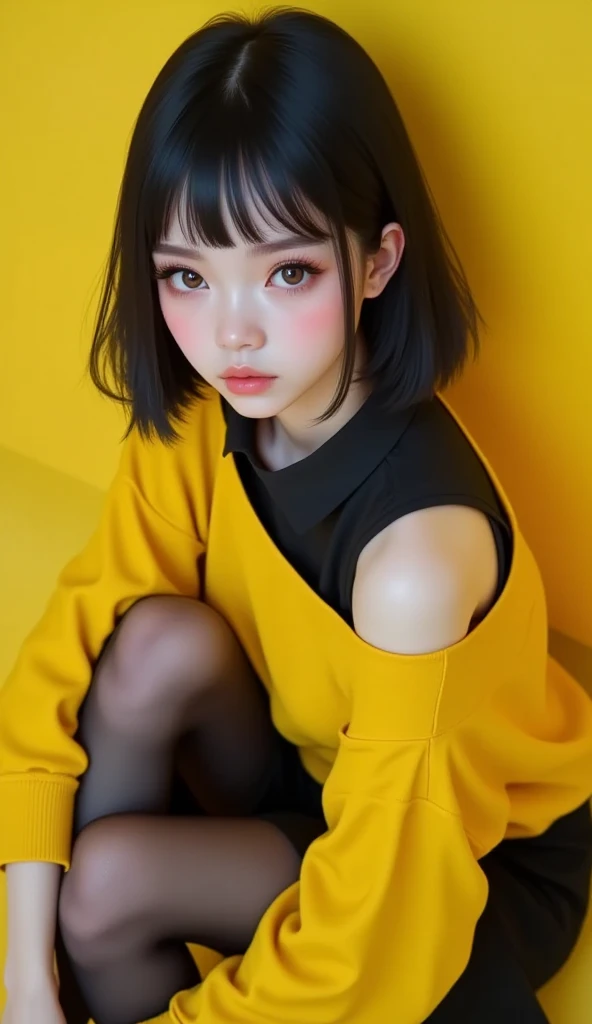  a close up of a woman yellow pullover with a black shirt collar peeking out and a black skirt,  black nylon stockings ,  is sitting on the floor with her hands between her legs ,  the camera is above her ,  she looks at the camera with her head down ,  straight black hair with bangs covering her forehead ,  false eyelashes  , egg-colored yellow background ,  A photorealistic painting by Ilya Kuvshinov , trendy in cg society, fantastic realism, artgerm e Ilya Kuvshinov, Artgerm and Atey Ghailan,  digital art Ilya Kuvshinov ,  art style  : Ilya Kuvshinov