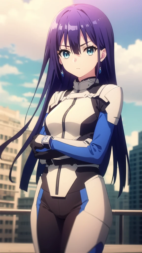 ayanoyuugiri, ayano yuugiri, long hair, hair between eyes, blue eyes, blue hair, bangs,
BREAK jewelry, earrings, bodysuit, pilot suit,
BREAK outdoors, city, sky, clouds, buildings, sun,
BREAK looking at viewer, (cowboy shot:1.5),
BREAK (masterpiece:1.2), best quality, high resolution, unity 8k wallpaper, (illustration:0.8), (beautiful detailed eyes:1.6), extremely detailed face, perfect lighting, extremely detailed CG, (perfect hands, perfect anatomy),