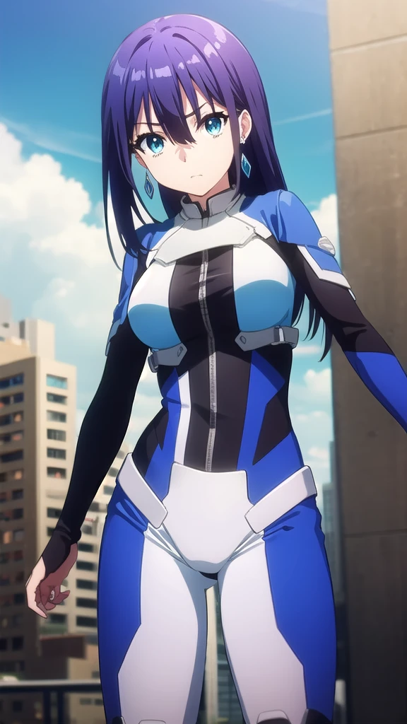 ayanoyuugiri, ayano yuugiri, long hair, hair between eyes, blue eyes, blue hair, bangs,
BREAK jewelry, earrings, bodysuit, pilot suit,
BREAK outdoors, city, sky, clouds, buildings, sun,
BREAK looking at viewer, (cowboy shot:1.5),
BREAK (masterpiece:1.2), best quality, high resolution, unity 8k wallpaper, (illustration:0.8), (beautiful detailed eyes:1.6), extremely detailed face, perfect lighting, extremely detailed CG, (perfect hands, perfect anatomy),