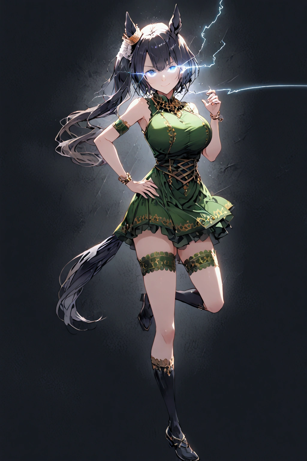 ((( Satono Crown 1  )))、((( black hair)))、((( side ponytail)))、((( Green Satono Crown Outfit)))、(((Horse&#39;s ears)))、 Horse's Tail、((( Glowing Eye Trail  )))、(((smile)))、((( Darkness)))、(((Turf)))、「  top quality、  Masterpiece 、 Illustration 、  Very Delicate and Beautiful  、 非常に Detailsな、CG、8k wallpaper、 wonderful、  Details、  Masterpiece 、最高の究極の芸術 非常に Detailsな CG Unity 8k wallpaper」、((Big Breasts))、(( thick thighs))、(  Details Delicate Hair  )、(Delicate skin )、( Detailed and delicate face )、( Detailsで繊細な手 )、(  Details and Delicate Legs  )、(  Detailsで繊細な衣装)、(Perfect Legs)、(Perfect Arms)、(  perfect face)、(Wind and Lightning )