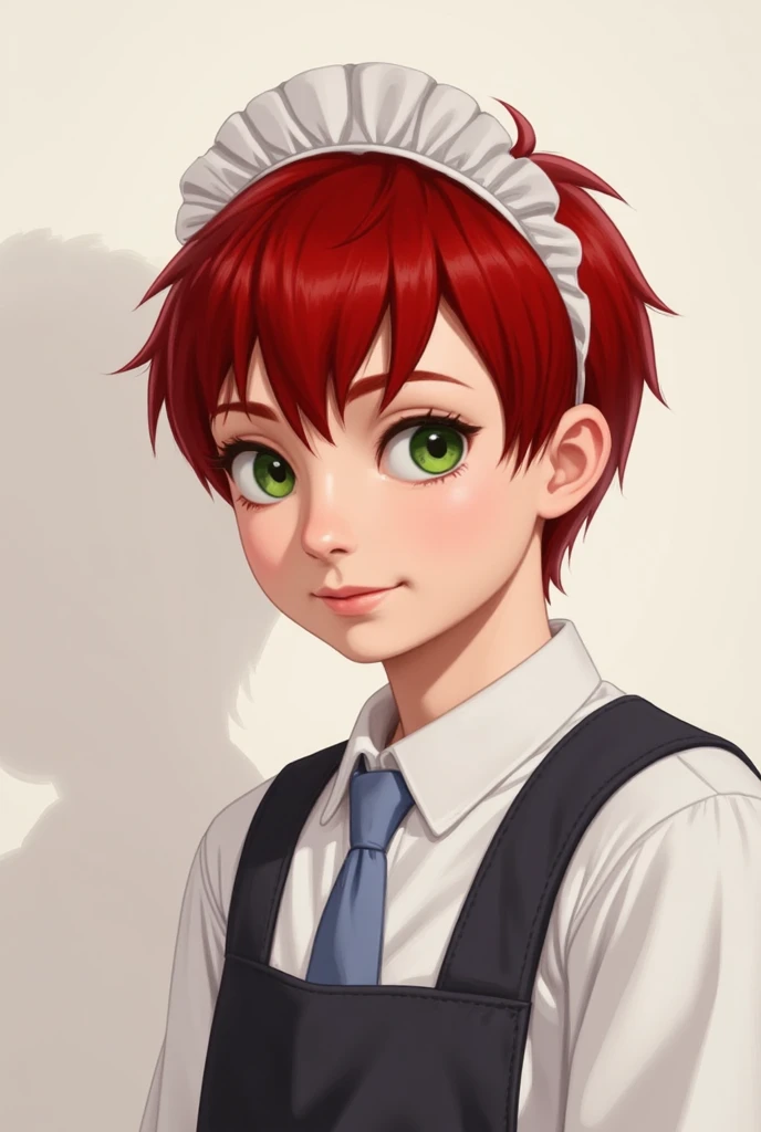, Masterpiece , Solitary, 1 boy, smiling,red hair, maid, maid apron, maid headdress, green eyes,