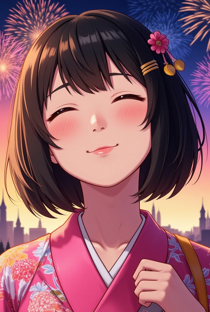 Outrageous resolution, High Resolution , (Masterpiece : 1.4), The is very detailed, (1. woman: 1.3), (Solitary: 1.4), fire works, a short bob, a short bob, komono, review, closing her eyes, smiling, optic, Estilo de Makoto Shinkai , Super close-up of face , Super fine illustration , Bright colors, cinematic optic, exciting optic production, Pay attention to detail , Bright colors, hair pin, komono, Large lateral breasts , review, Happy, smiling, from below,A man sucks big boobs and has fun,lovemaking