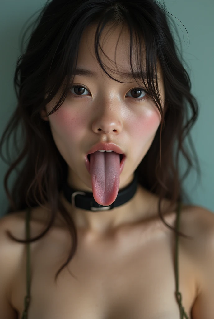 portrait from at distance, [mugshot:shot from above:3], [the dog paws water with his tongue:young adult woman teasing with her tongue out:5], sexual body, chest, open mouth (tongue:1.4), [neck tie:body (shibari:1.2):4], eyes in delight, rolls upper his (wide eyes:1.4), closeup, colorfull
