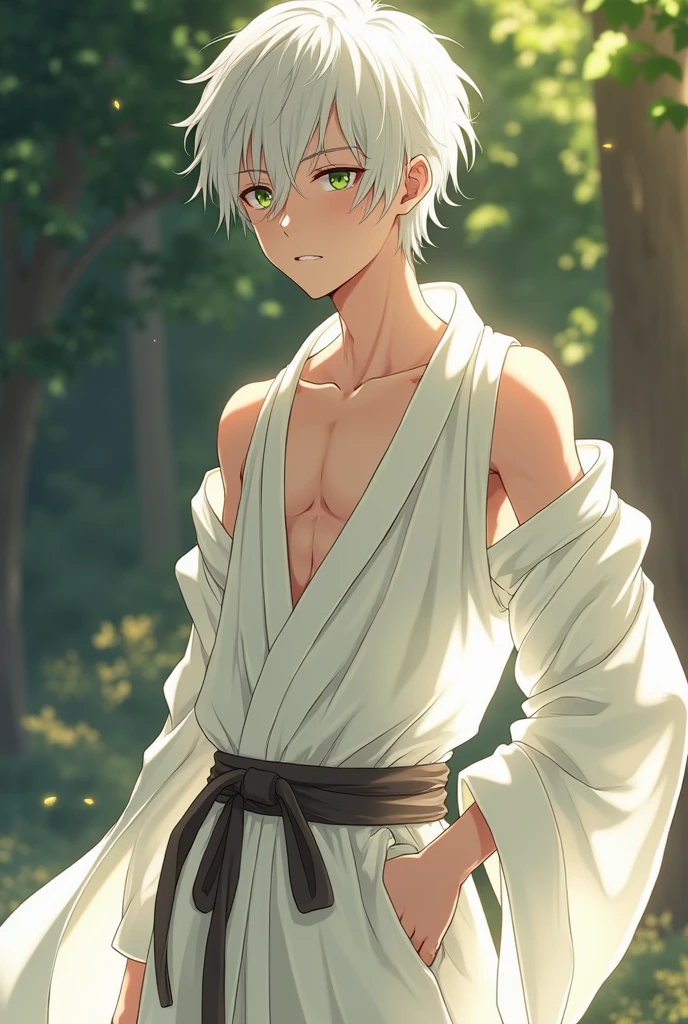 masterpiece, best quality, high quality,  1boy,10yo, , duo, male focus, full body, looking at viewer, white hair,spiky hairstyle, short hair, steam smork, japan style,  anime coloring, shy, home muji style, detailed face, topless, white towel on waist,white silk, sit on tatami