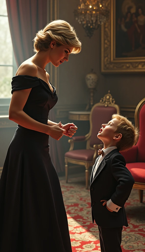 Blonde woman laughing at a poor child with dirty and torn clothes
