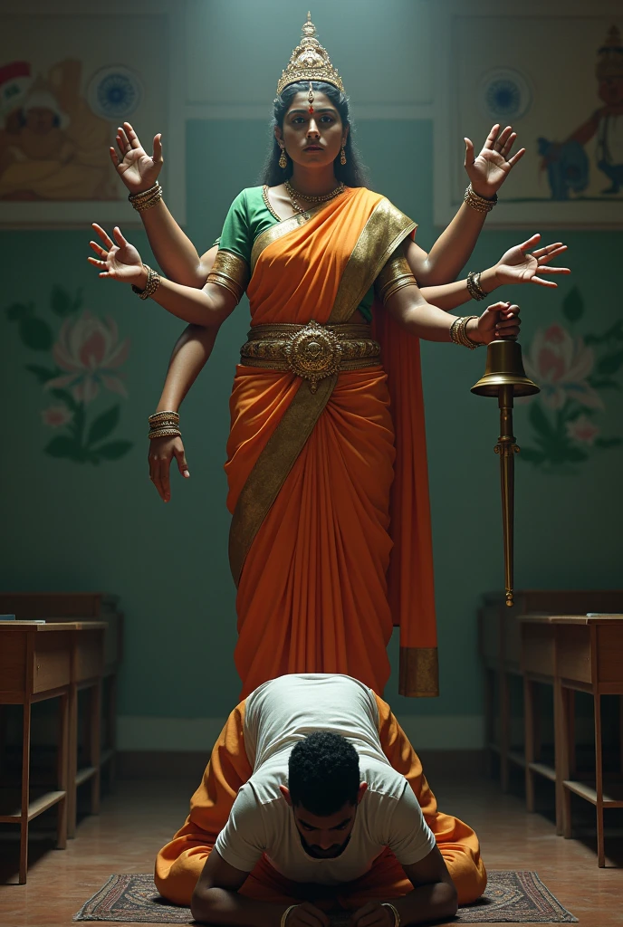 a tall and beautiful Indian actress in black saree carrying a large man on her shoulders, man is sitting on her shoulder