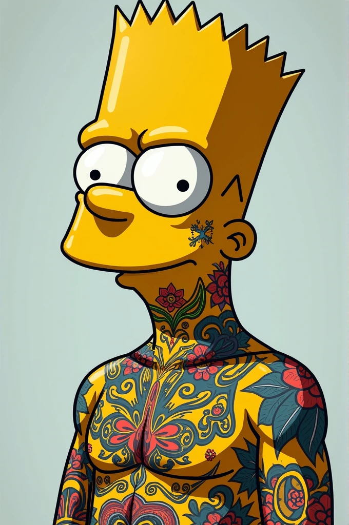 Create a png image of Bart Simpsons just like him in the cartoon! with his arm all tattooed! Shirtless with six pack abs and muscular arms! And with a black cap!