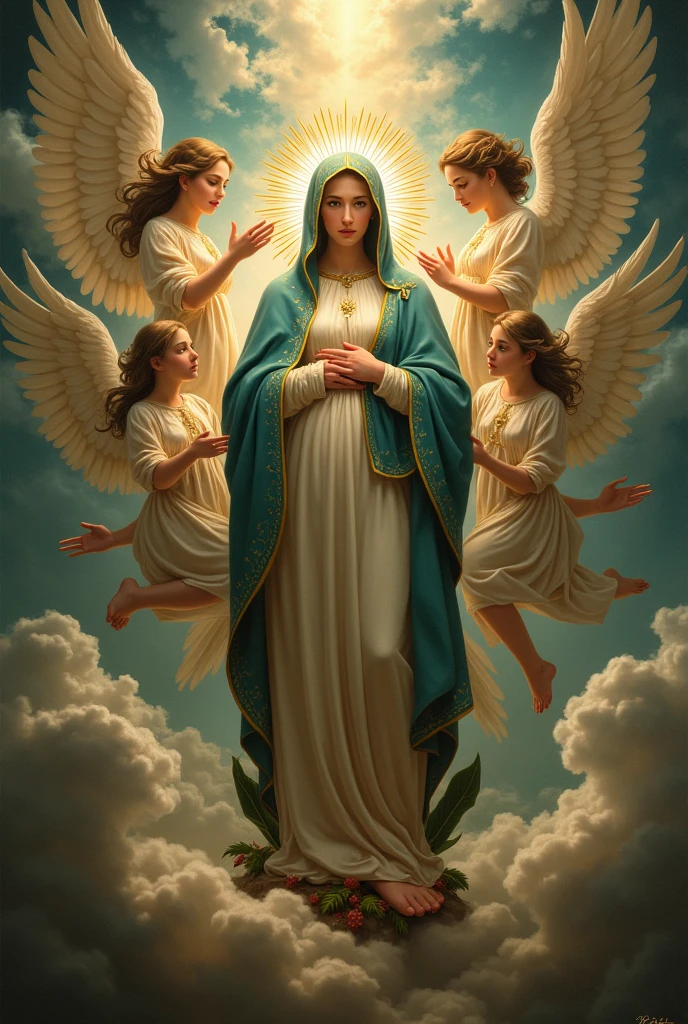 create a realistic image of Our Lady wearing blue and white clothing on the day of the “Assumption of Our Lady”, celebrated annually on August 15th, is one of the most significant dogmas of the Catholic Church. Proclaimed by Pope Pius XII in 1950, este dogma afirma than a Virgem Maria foi elevada ao céu em corpo e alma ao término de sua vida terrena. This belief reflects the purity and holiness of Mary, than, of the Assumption of Mary, who did not experience the corruption of the body after death. The Assumption is seen as a sign of hope and comfort for the faithful, indicando than todos os than seguem a Cristo também serão elevados à glória celestial. Explore the history, the theology and liturgical celebrations associated with the Assumption of Our Lady, and how this event continues to inspire the devotion and faith of Catholics around the world.”there are two angels (children, babies) around you