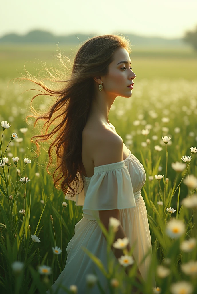 A beautiful topless nude woman in the foreground, shown from above the waist, standing in a serene natural setting. Her flowing hair catches the gentle breeze, and she has a peaceful expression, embodying a connection with the surrounding nature. The background is a lush, green landscape with tall trees and a soft, golden sunset casting warm light over the scene. There’s a sense of tranquility in the air, with the subtle hint of a distant mountain range. The woman's attire is simple yet elegant, complementing the natural beauty around her.", "size": "1024x1792" }