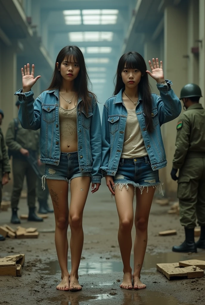 Women in Professional crop top suit, pants, walking to work, show belly, realistic bellybutton shape, necktie, ((tied up by chain,arms up,)), ((crying)),