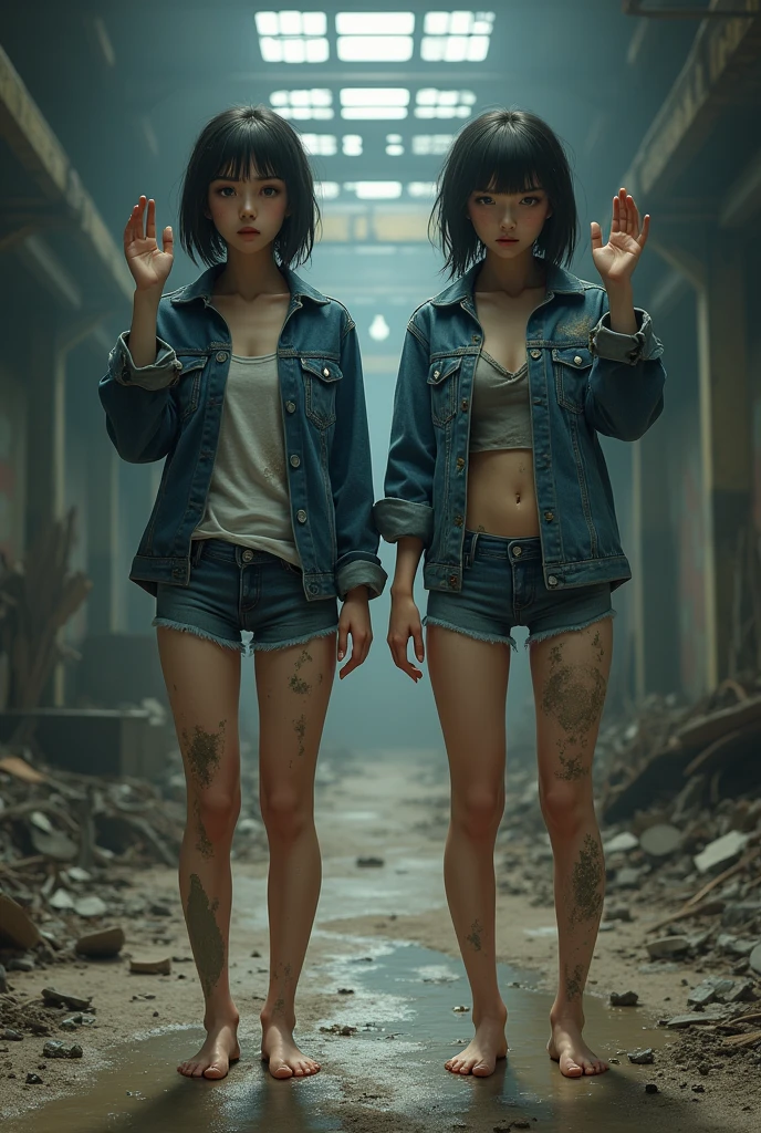 jail cell,Garbage all over the ground,Devastated,Sexy standing pose,Full body portrait 1.1,Slender and slender figure,Skinny,As thin as a whipping post,Smaller bust,The barefoot,((Random nudity throughout the body1.1)),exhibitionists,(((Random exposure of genitals1.2))),face to the viewer