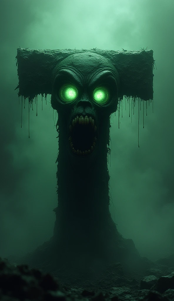 Photo of a skull with green eyes running towards the end of the tunnel