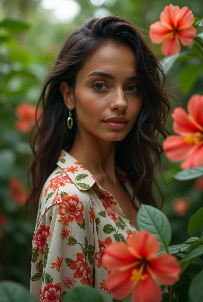A full body portrait of a Tanned girl, with tall, black hair, green eyes, and a mole on her left cheek ,In the garden she picks flowers